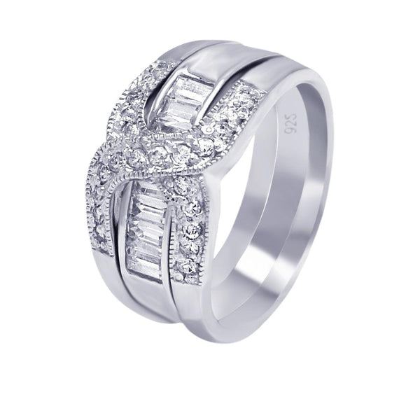 Silver 925 Rhodium Plated Clear Baguette CZ Overlap Ring