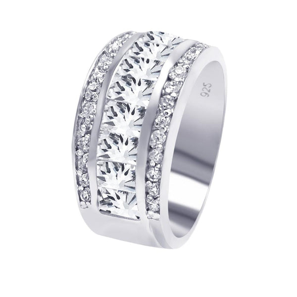 Silver 925 Rhodium Plated Half Channel Clear Baguette Round CZ Ring