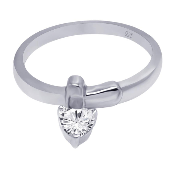 Silver 925 Rhodium Plated CZ Dangling Heart Ring