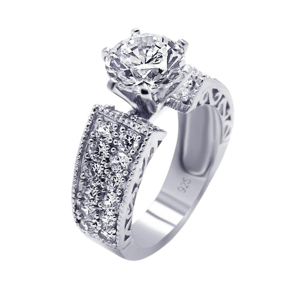 Silver 925 Rhodium Plated Pave Set Clear Round Center CZ Engagement Ring