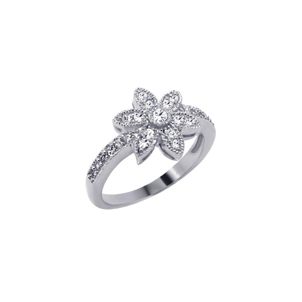 Silver 925 Rhodium Plated Micro Pave CZ Flower Ring