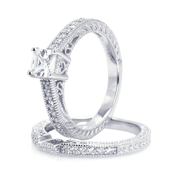 Silver 925 Rhodium Plated Pave Princess Cut Center CZ Engagement Ring Set