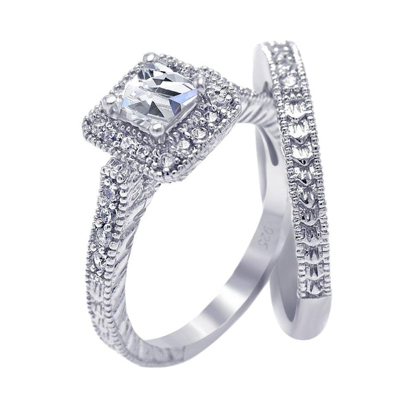Silver 925 Rhodium Plated Pave Clear Square Cluster CZ Engagement Ring Set