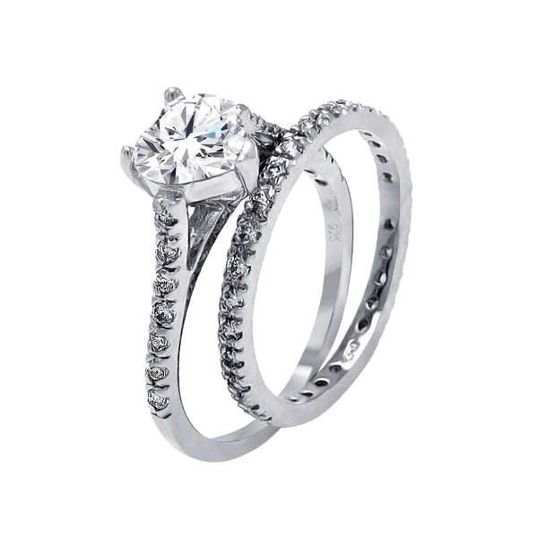 Silver 925 Rhodium Plated Clear CZ Heart Bridal Ring Set