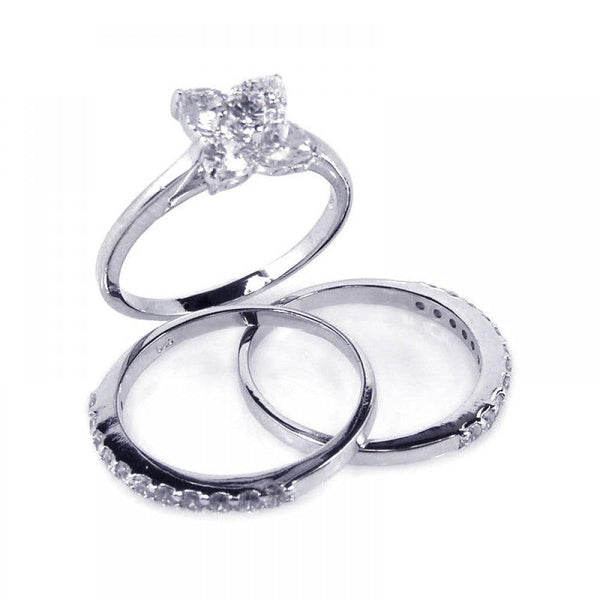 Silver 925 Rhodium Plated Flower Center Clear CZ Bridal Ring Set
