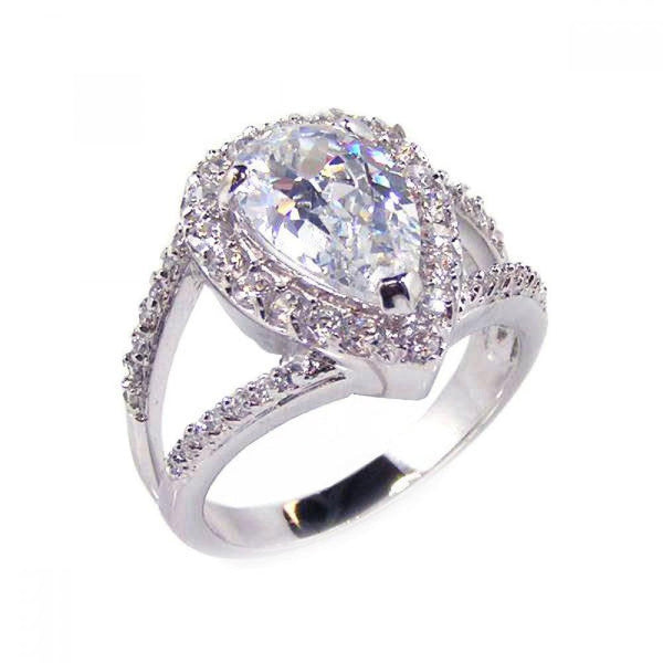 Silver 925 Rhodium Plated Clear Tear Shape CZ Bridal Antique Ring