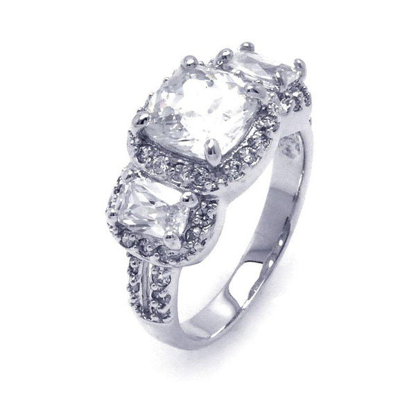 Silver 925 Rhodium Plated Clear Square Cluster CZ Past Present Future Ring