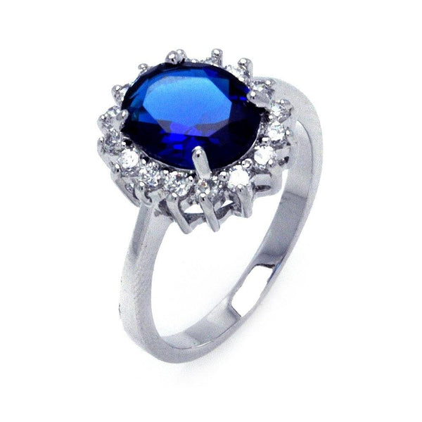 Silver 925 Rhodium Plated Oval Blue and Clear Cluster CZ Flower Ring