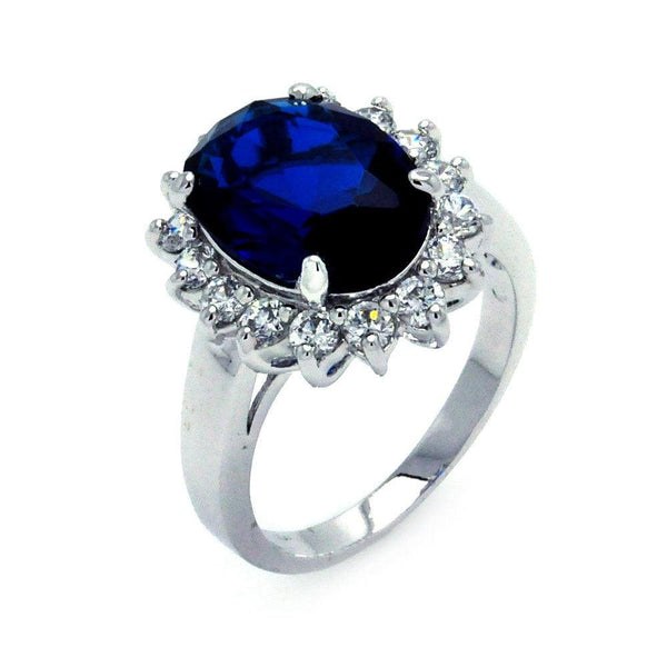 Silver 925 Rhodium Plated Blue and Clear Cluster CZ Flower Ring