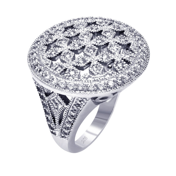 Silver 925 Rhodium Plated Clear Cluster CZ Cross Out Disc Ring