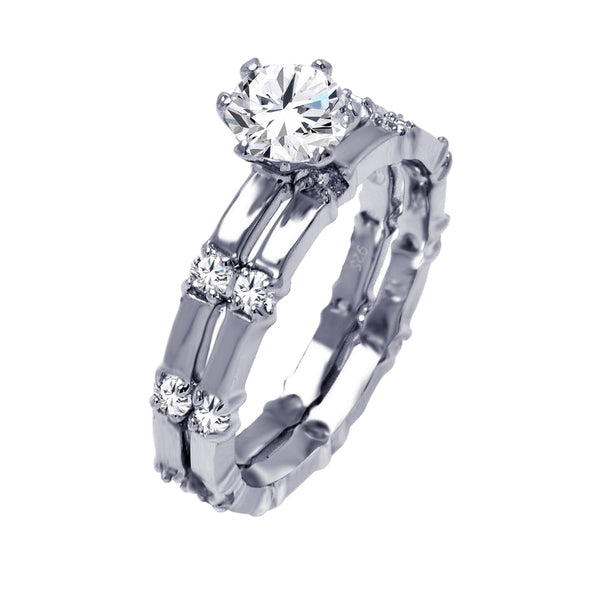 Silver 925 Rhodium Plated Round Center Clear CZ Bridal Ring Set