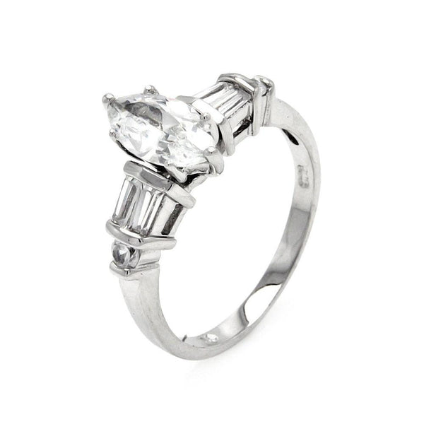 Silver 925 Rhodium Plated Marquise Center Baguette Round Clear CZ Bridal Ring