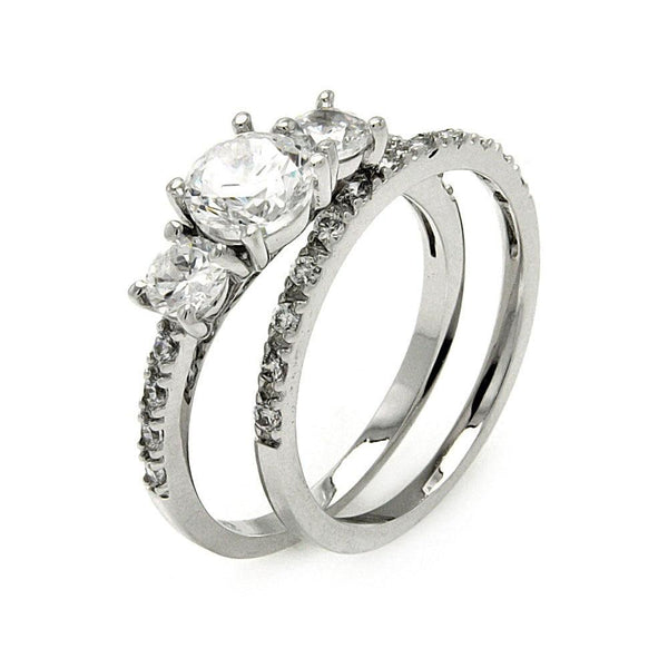Silver 925 Rhodium Plated 3 Stone Set Round CZ Bridal Ring Set