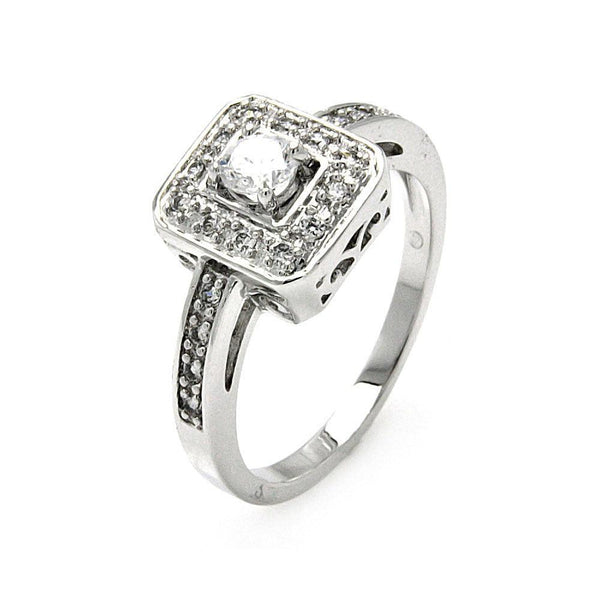 Silver 925 Rhodium Plated Round Center Clear Cluster CZ Square Ring