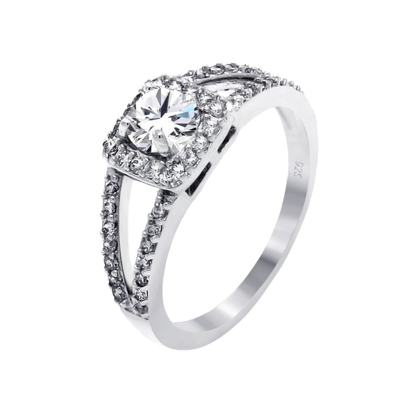 Silver 925 Rhodium Plated Clear Round Center Square Cluster CZ Bridal Ring