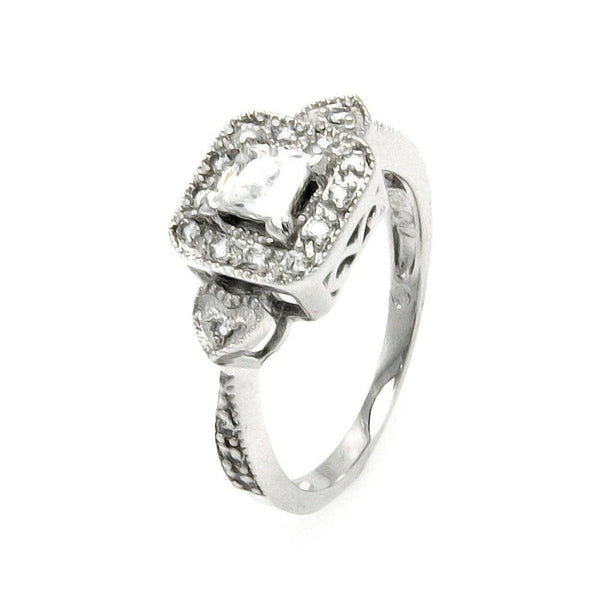 Silver 925 Rhodium Plated Clear Cluster CZ Square Heart Bridal Ring