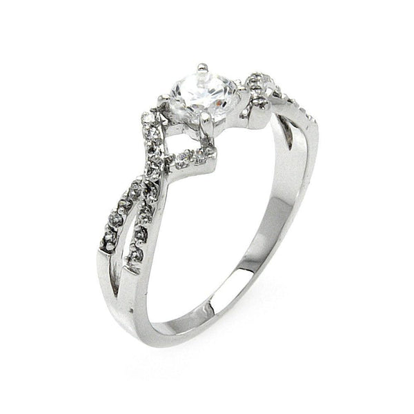 Silver 925 Rhodium Plated Clear Round Center CZ Overlap Ring
