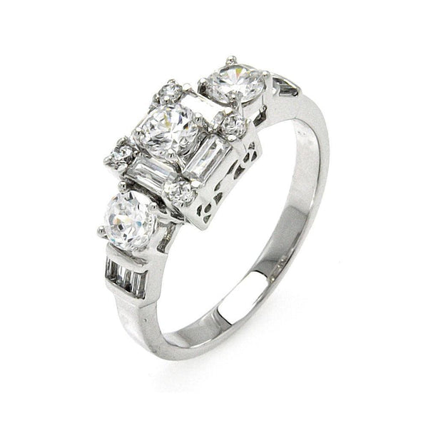 Silver 925 Rhodium Plated Clear Round and Baguette CZ Bridal Ring