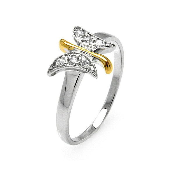 Silver 925 Rhodium and Gold Plated 2 Toned Clear Pave Set CZ Butterfly Ring