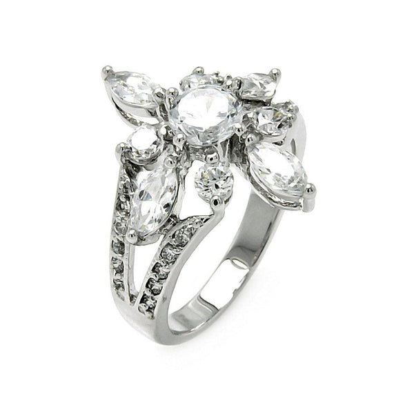 Silver 925 Rhodium Plated Clear Round and Marquise CZ Flower Ring