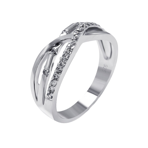 Silver 925 Rhodium Plated Clear CZ 3 Row Overlap Ring