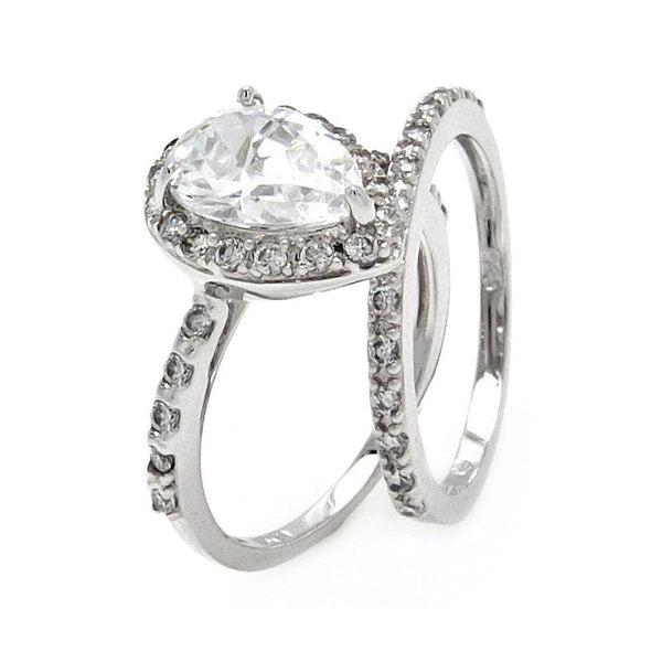 Silver 925 Rhodium Plated Clear Pear Shaped CZ Bridal Ring Set