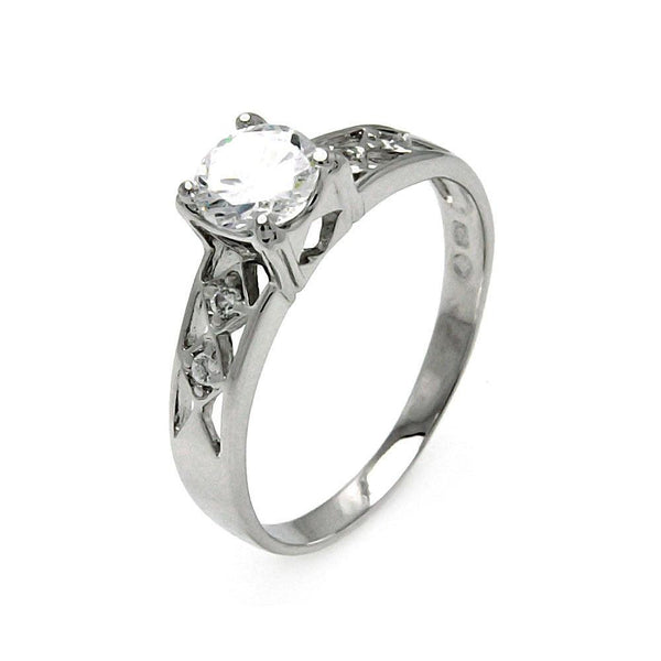 Silver 925 Rhodium Plated Clear Round Center CZ Diamond Shaped Sides Bridal Ring
