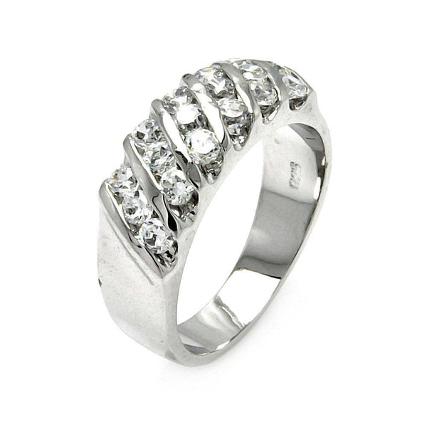 Silver 925 Rhodium Plated Clear Round CZ Stripe Ring