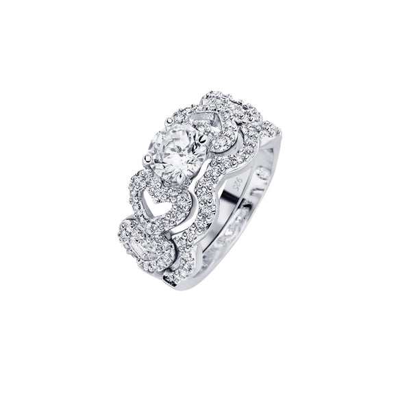 Silver 925 Rhodium Plated Round Clear Center CZ Heart Bridal Ring