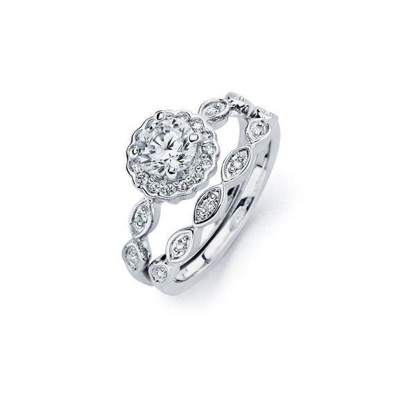 Silver 925 Rhodium Plated Clear Round Cluster Marquise Shaped CZ Bridal Engagement Ring Set