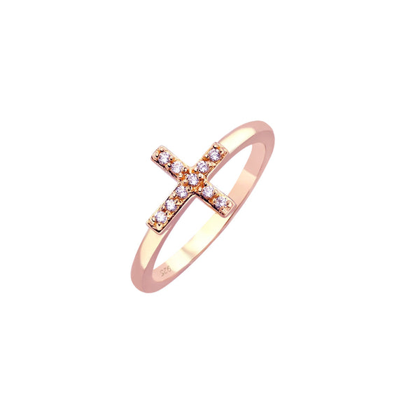 Silver 925 Rose Gold Plated Clear CZ Mini Cross Ring