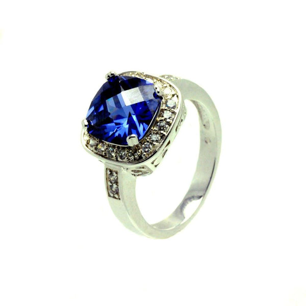 Silver 925 Rhodium Plated Blue Center Square and Clear Cluster CZ Ring