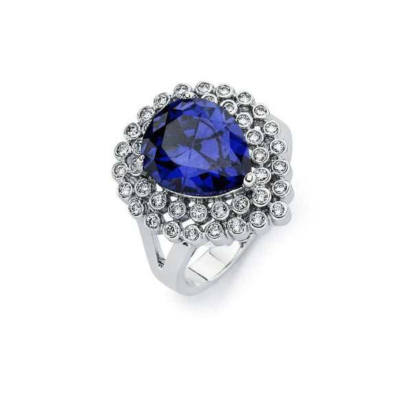 Silver 925 Rhodium Plated Blue Pear Center and Clear Round Cluster CZ Ring