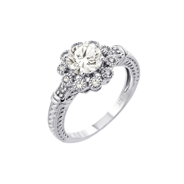Silver 925 Rhodium Plated Clear CZ Bridal Flower Ring