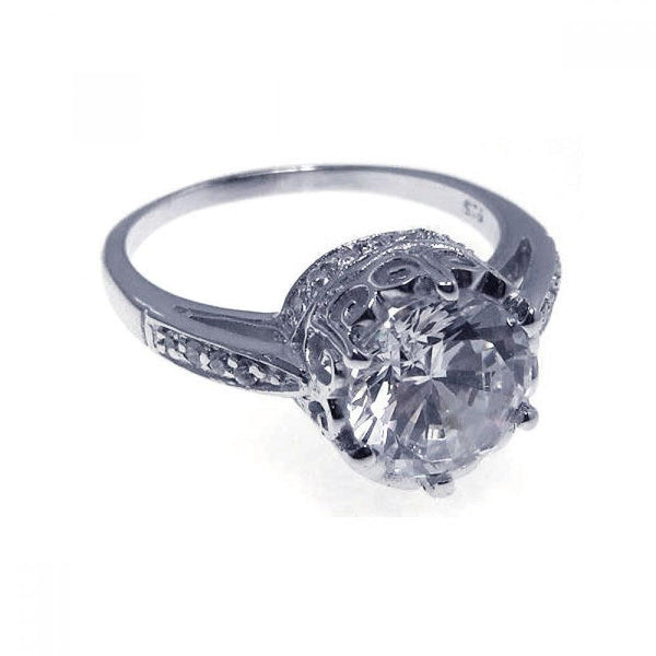 Silver 925 Rhodium Plated CZ Round Antique Ring