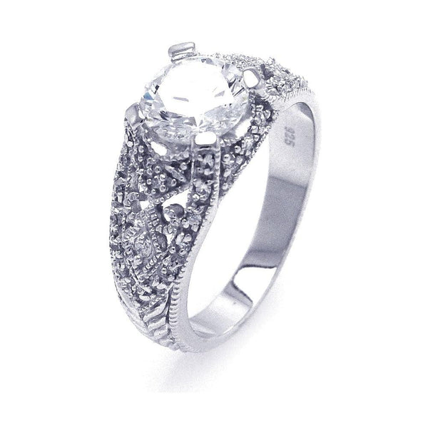 Silver 925 Rhodium Plated Round Center CZ Antique Ring