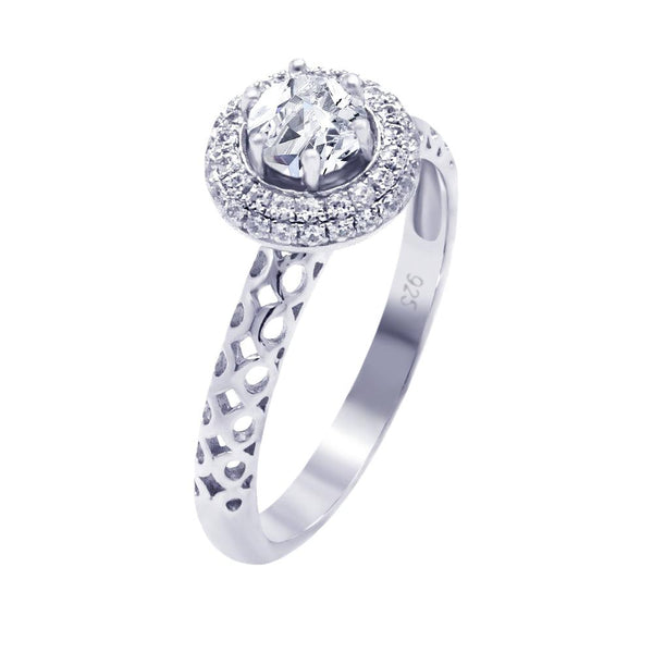 Silver 925 Rhodium Plated Micro Pave Clear Cluster Round Center CZ Perforated Ring